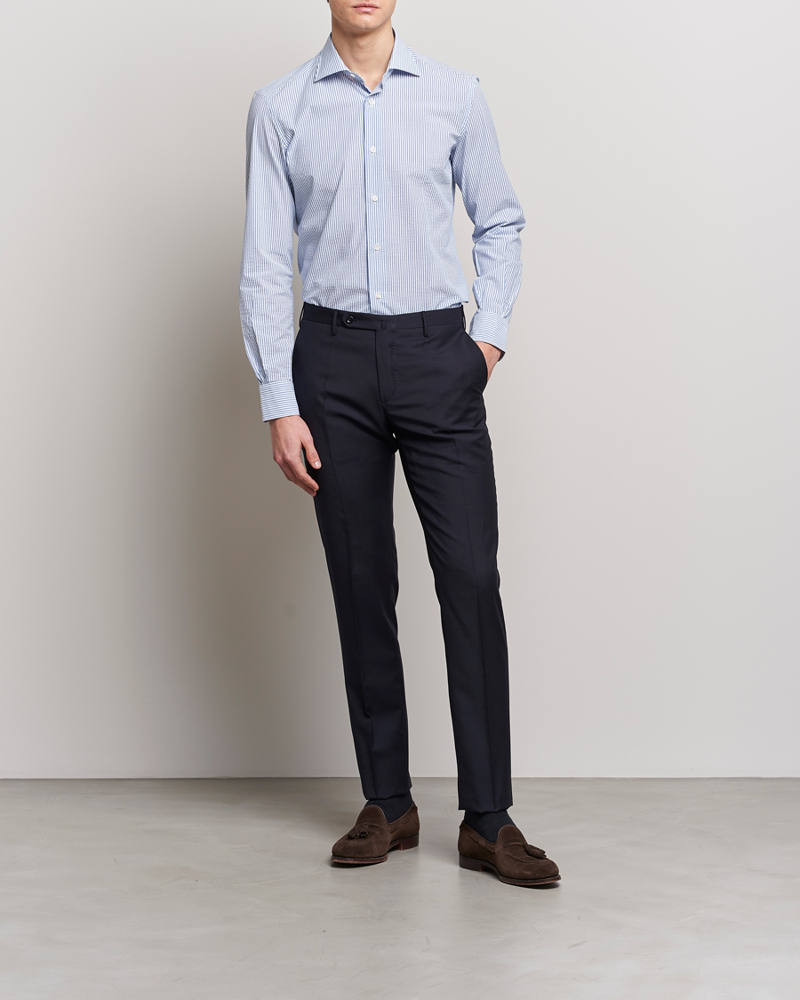 Hombres | Camisas | Mazzarelli | Soft Seersucker Shirt Light Blue Stripe