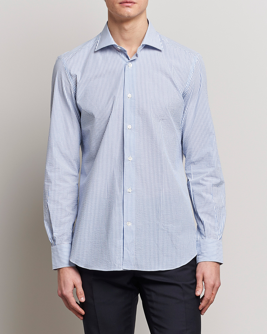 Hombres | Camisas | Mazzarelli | Soft Seersucker Shirt Light Blue Stripe