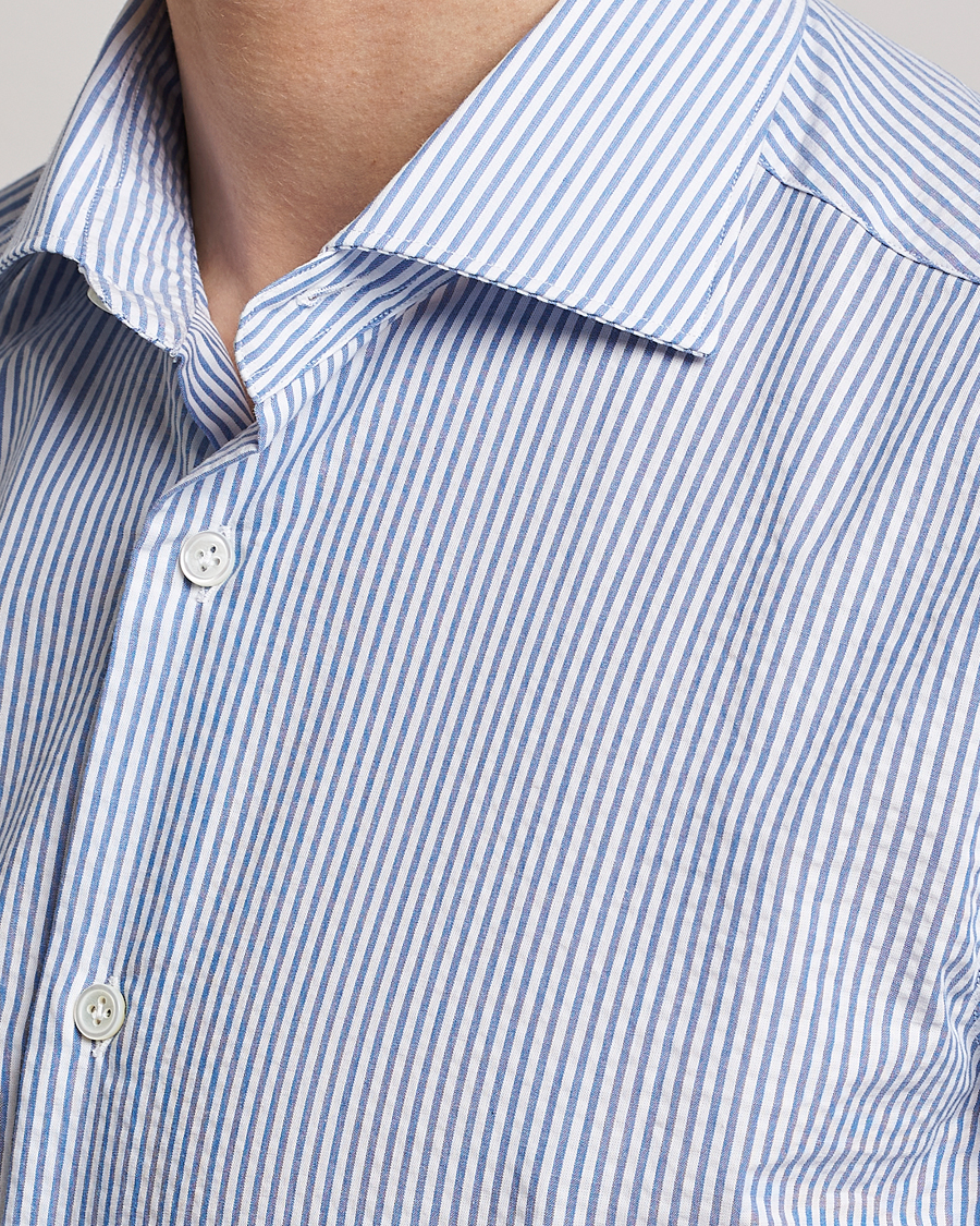 Hombres | Camisas | Mazzarelli | Soft Seersucker Shirt Light Blue Stripe