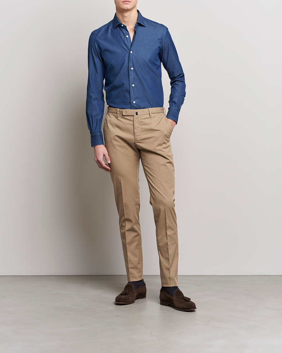 Hombres | Camisas | Mazzarelli | Soft Denim Cut Away Shirt Dark Indigo