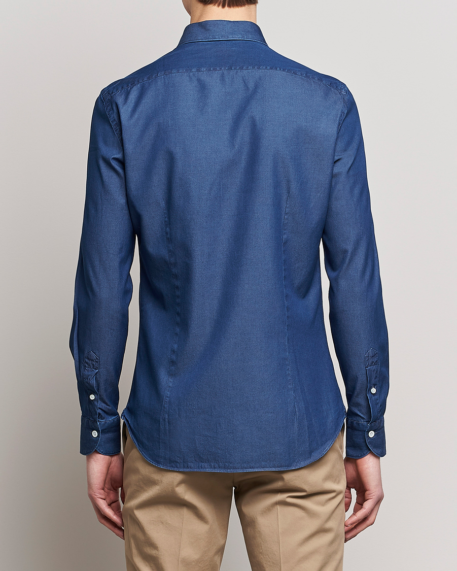 Hombres | Camisas | Mazzarelli | Soft Denim Cut Away Shirt Dark Indigo