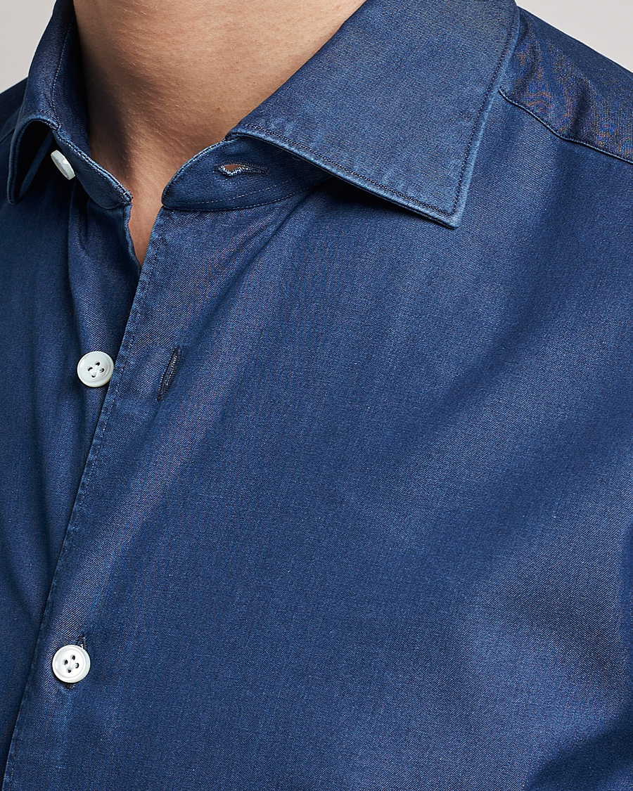 Hombres | Camisas | Mazzarelli | Soft Denim Cut Away Shirt Dark Indigo