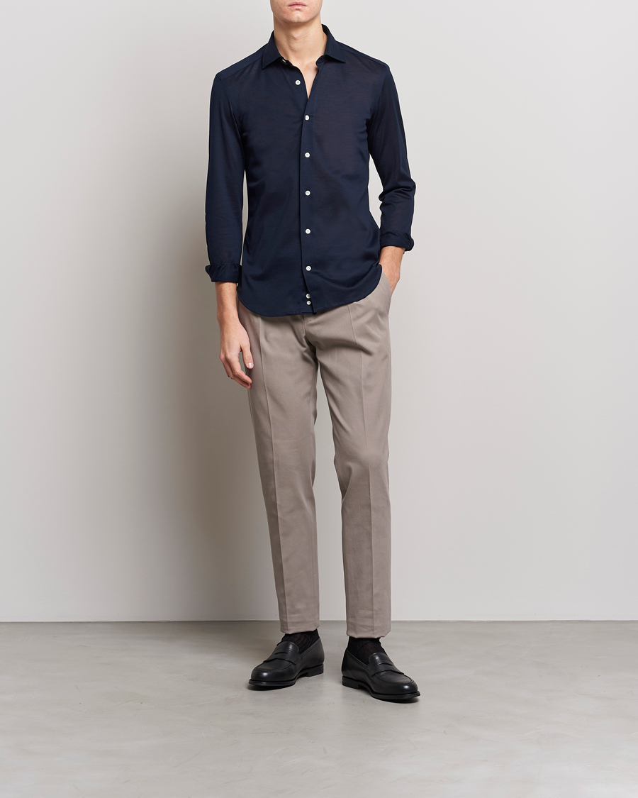 Hombres | Camisas | Mazzarelli | Soft Washed Piquet Shirt Navy