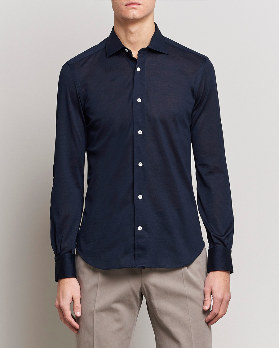 Hombres | Camisas | Mazzarelli | Soft Washed Piquet Shirt Navy