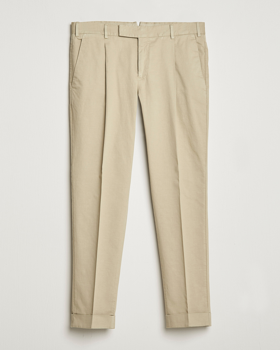 Hombres | Pantalones | PT01 | Slim Fit Pleated Linen Blend Trousers Beige