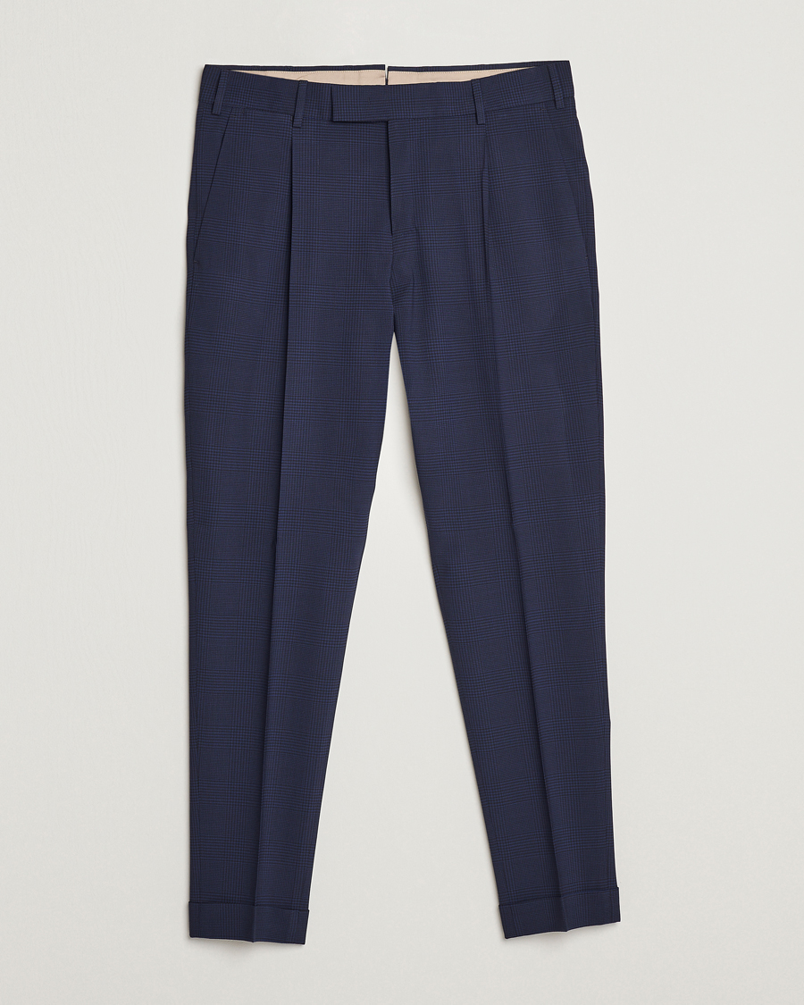 Hombres | Pantalones | PT01 | Slim Fit Pleated Glencheck Wool Trousers Navy