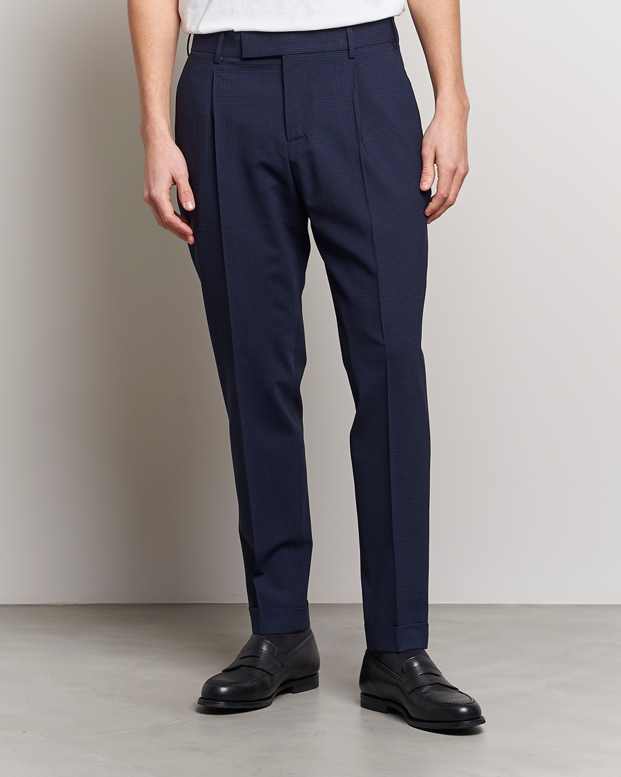 Hombres | Pantalones | PT01 | Slim Fit Pleated Glencheck Wool Trousers Navy