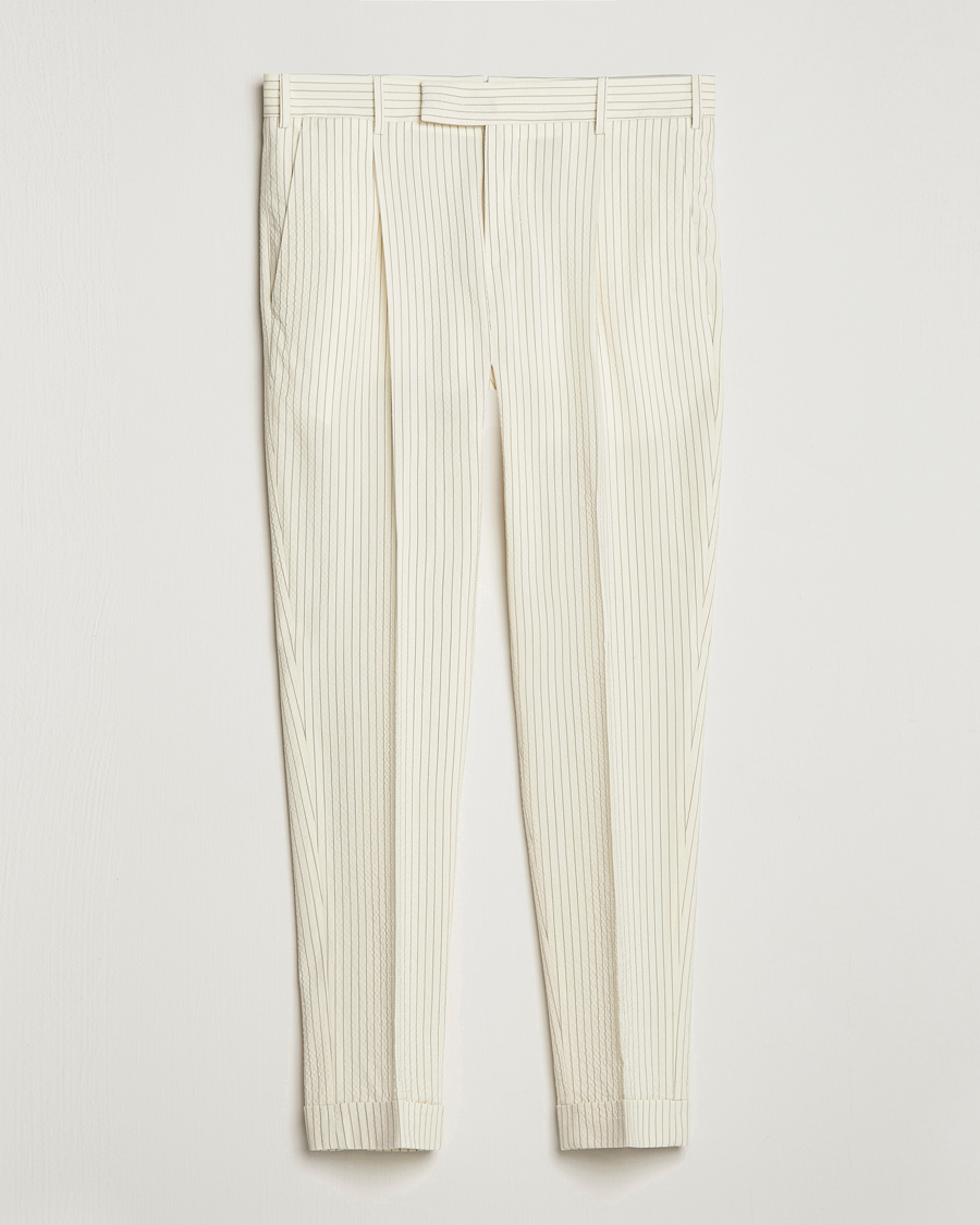 Hombres | Pantalones | PT01 | Slim Fit Pleated Wool Seersucker Trousers Off White