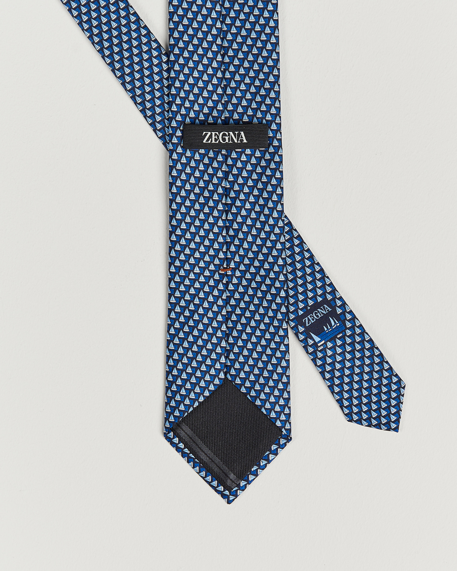 Hombres | Zegna Boat Printed Silk Tie Navy | Zegna | Boat Printed Silk Tie Navy