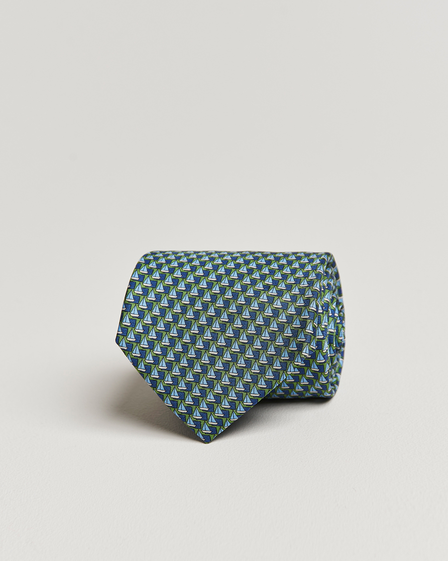 Hombres | Zegna Boat Printed Silk Tie Green | Zegna | Boat Printed Silk Tie Green