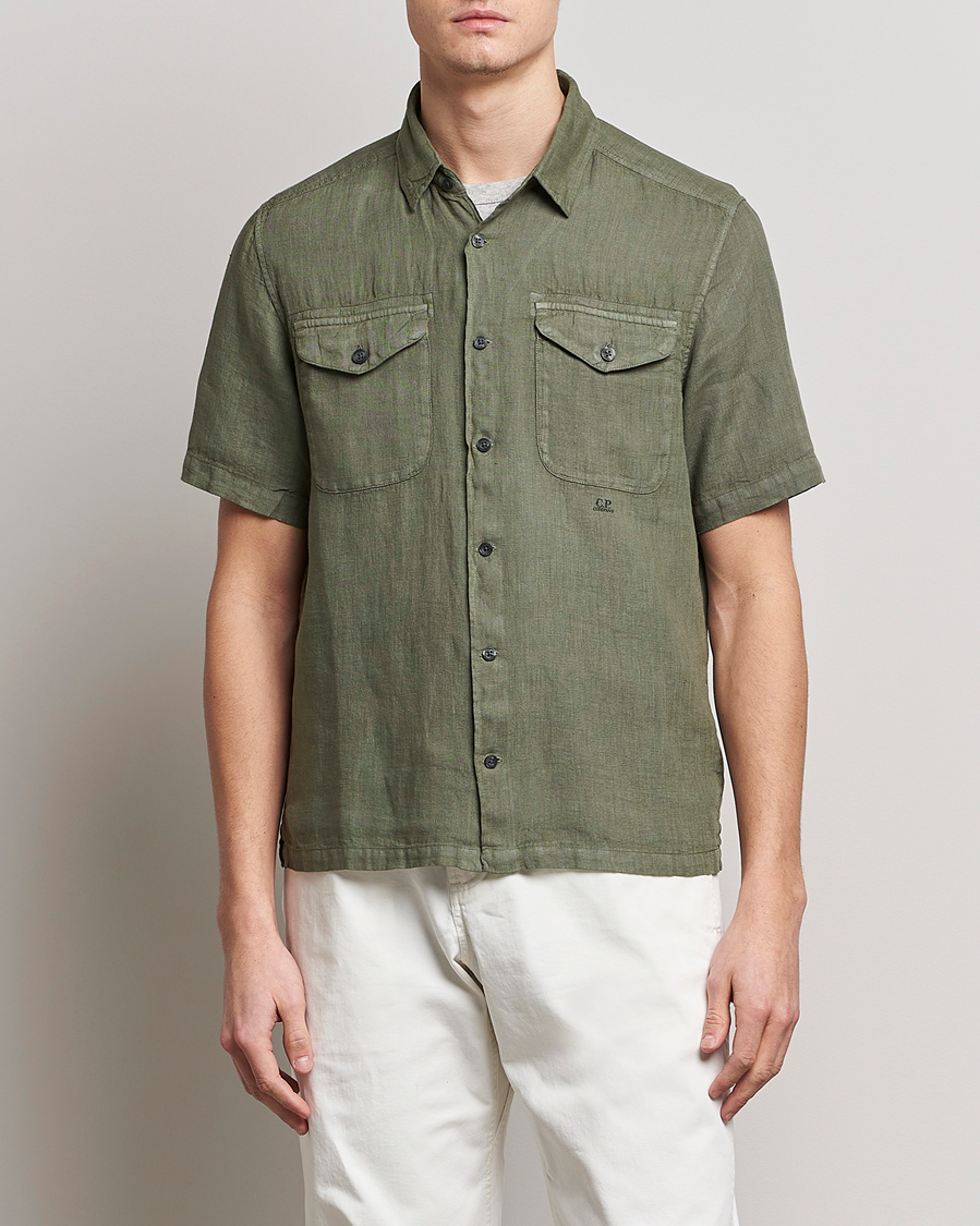 Hombres | Camisas | C.P. Company | Short Sleeve Pocket Linen Shirt Olive