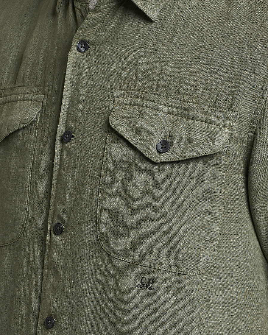 Hombres | Camisas | C.P. Company | Short Sleeve Pocket Linen Shirt Olive