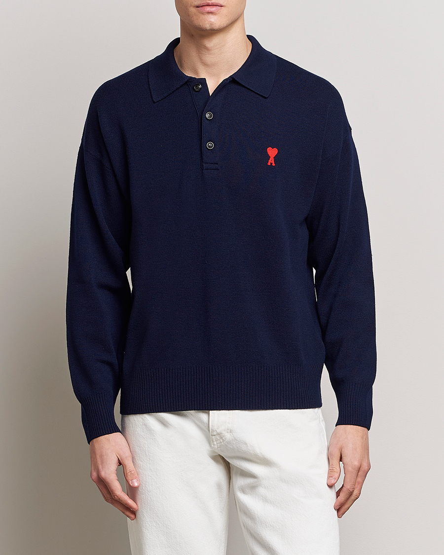 Hombres | Jerséis y prendas de punto | AMI | Heart Long Sleeve Knitted Polo Navy