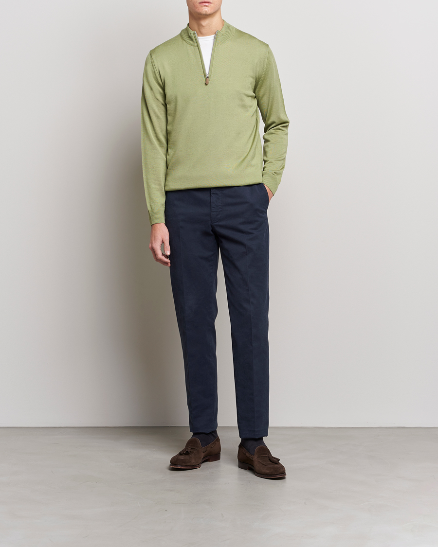 Hombres | Jerséis y prendas de punto | Stenströms | Merino Wool Half Zip Light Green