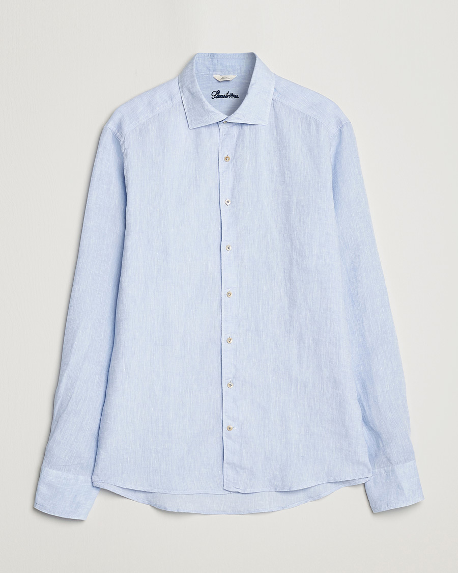 Hombres | Camisas | Stenströms | Slimline Cut Away Linen Shirt Light Blue
