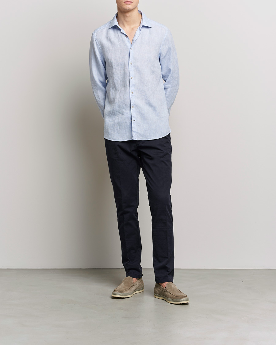 Hombres | Camisas | Stenströms | Slimline Cut Away Linen Shirt Light Blue