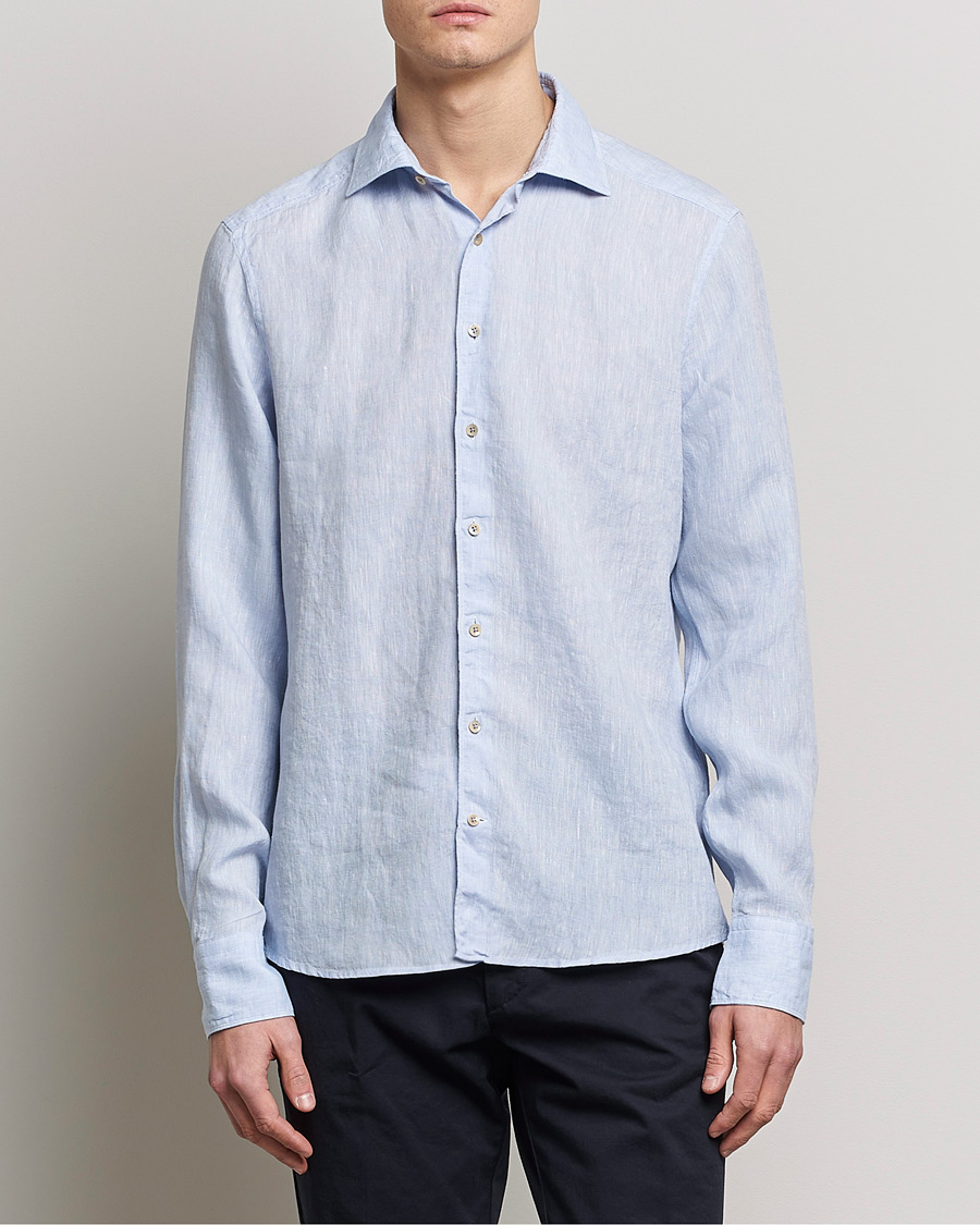 Hombres | Camisas de lino | Stenströms | Slimline Cut Away Linen Shirt Light Blue