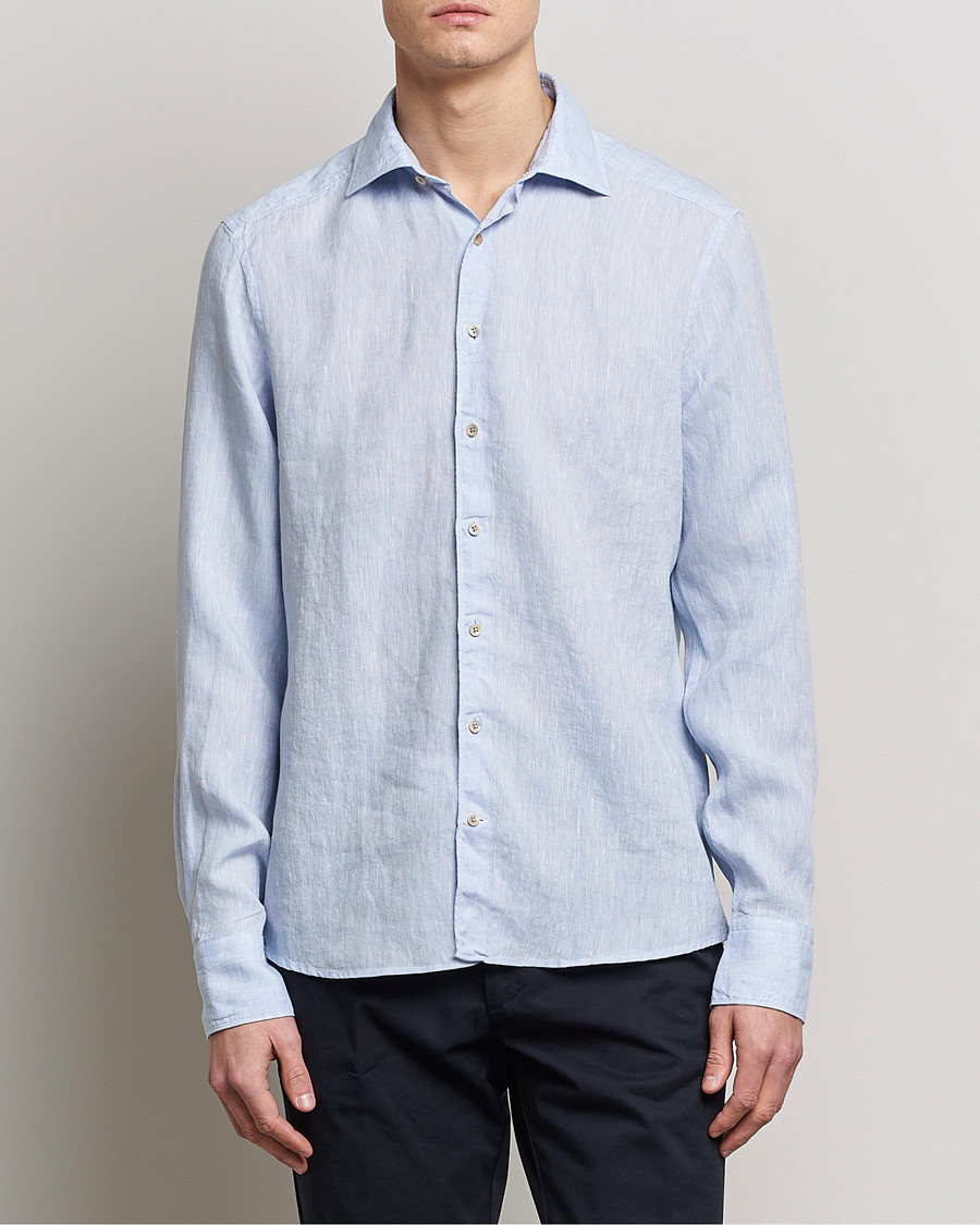 Hombres | Camisas | Stenströms | Slimline Cut Away Linen Shirt Light Blue