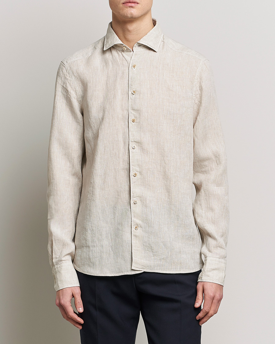 Hombres | Camisas de lino | Stenströms | Slimline Cut Away Linen Shirt Beige