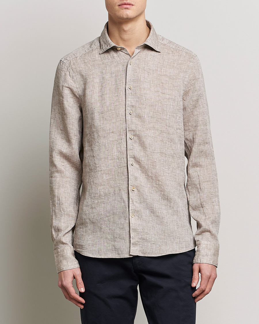 Hombres | Camisas de lino | Stenströms | Slimline Cut Away Linen Shirt Light Brown