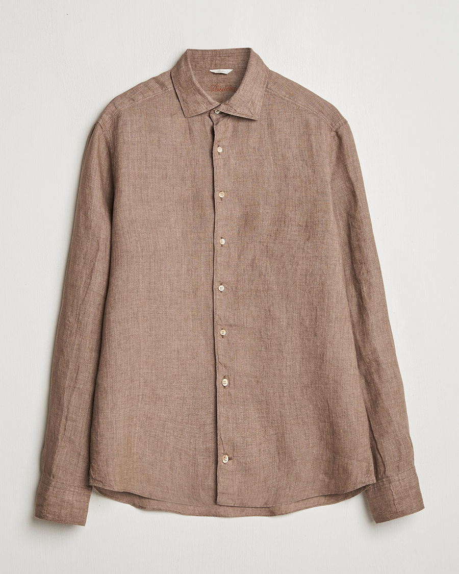 Hombres | Camisas | Stenströms | Slimline Cut Away Linen Shirt Brown