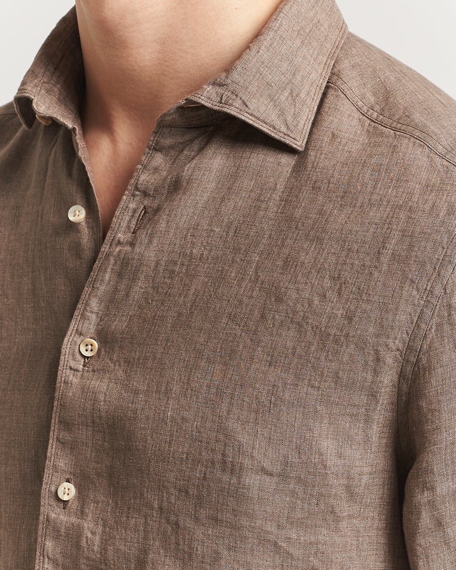 Hombres | Camisas | Stenströms | Slimline Cut Away Linen Shirt Brown