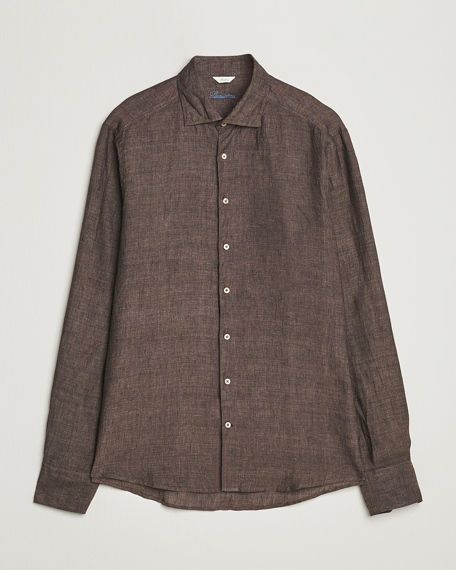 Hombres | Camisas | Stenströms | Slimline Cut Away Linen Shirt Dark Brown