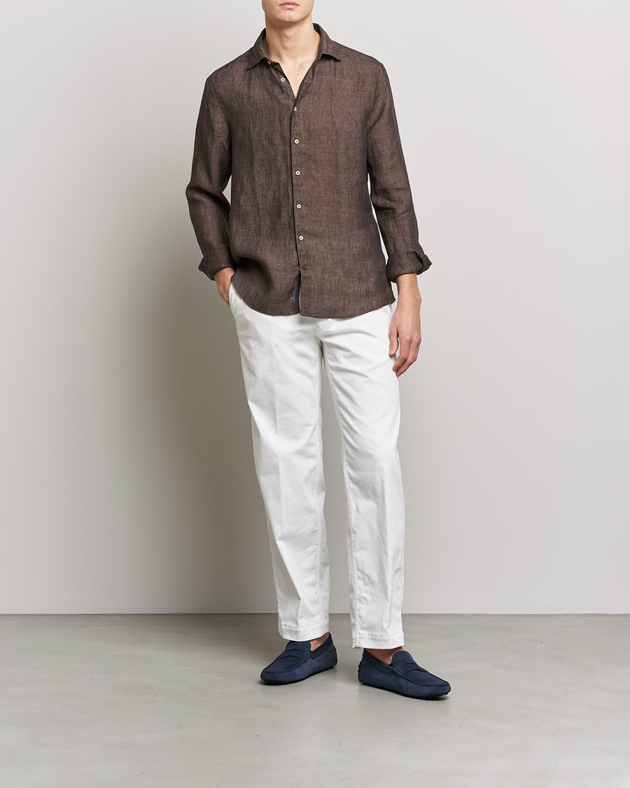 Hombres | Camisas | Stenströms | Slimline Cut Away Linen Shirt Dark Brown