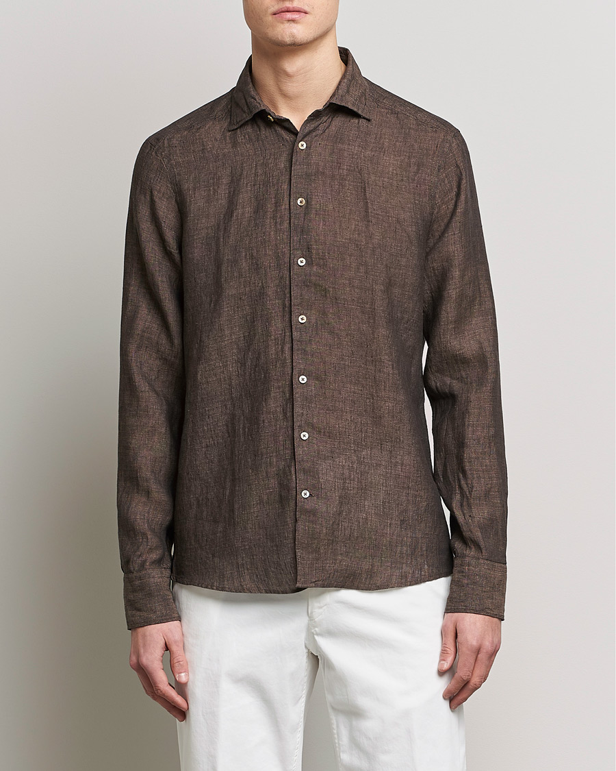 Hombres | Camisas | Stenströms | Slimline Cut Away Linen Shirt Dark Brown