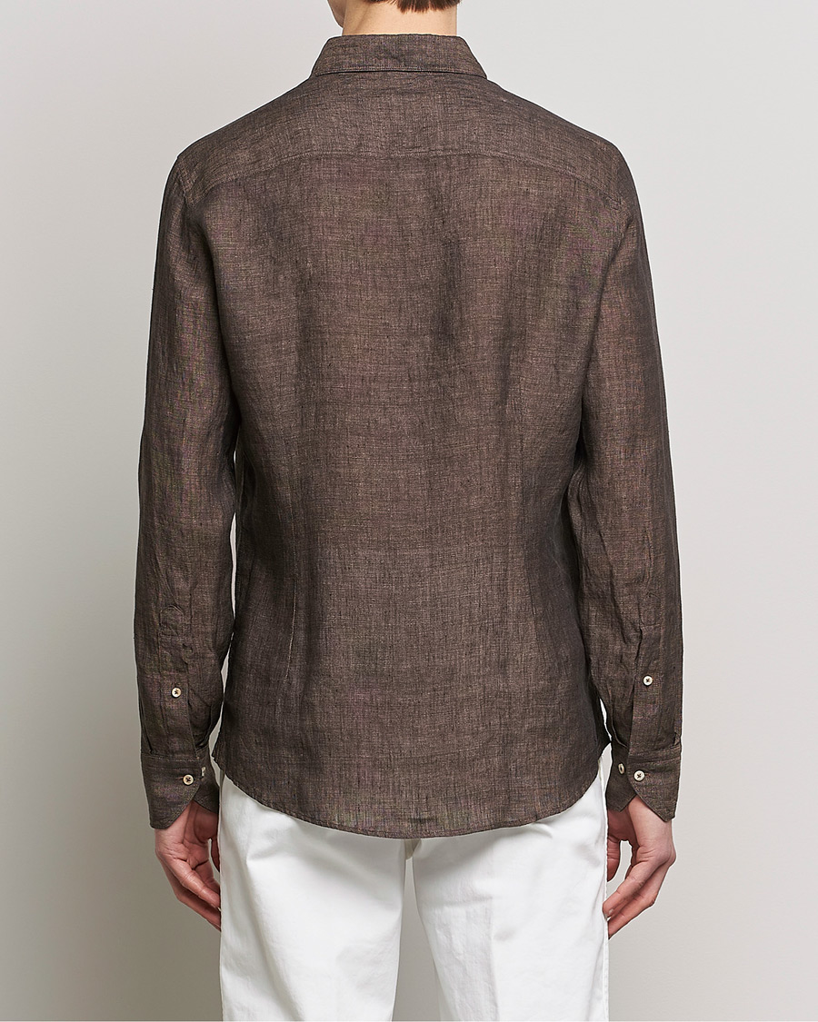 Hombres | Camisas | Stenströms | Slimline Cut Away Linen Shirt Dark Brown