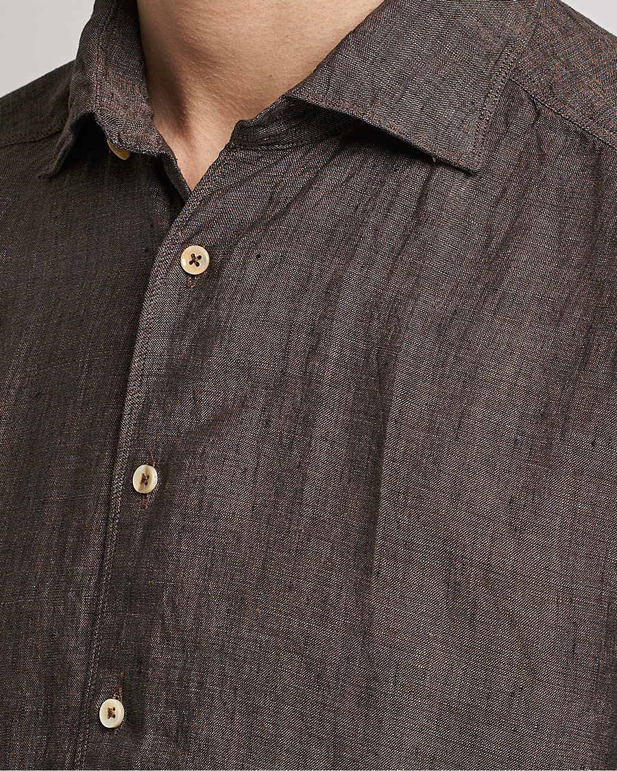 Hombres | Camisas | Stenströms | Slimline Cut Away Linen Shirt Dark Brown
