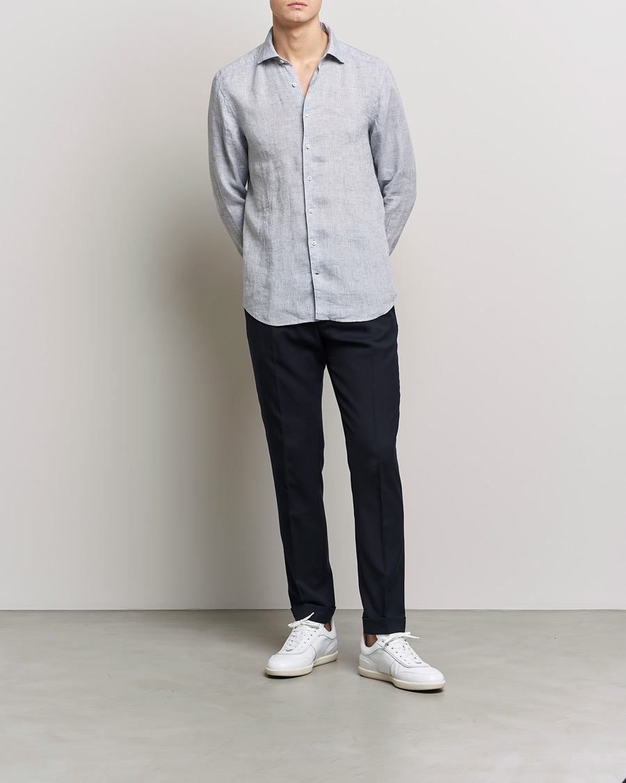Hombres | Camisas | Stenströms | Slimline Cut Away Linen Shirt Grey