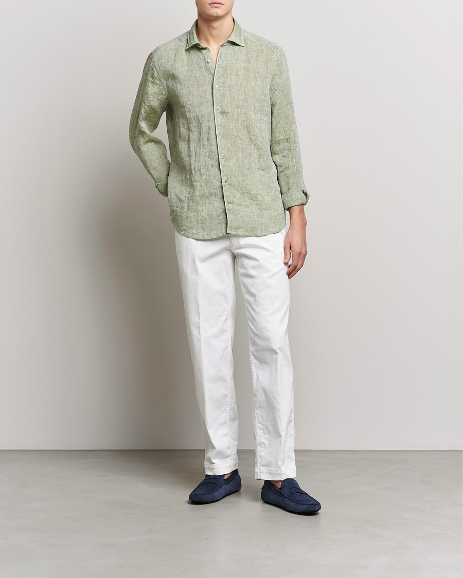 Hombres | Camisas | Stenströms | Slimline Cut Away Linen Shirt Green
