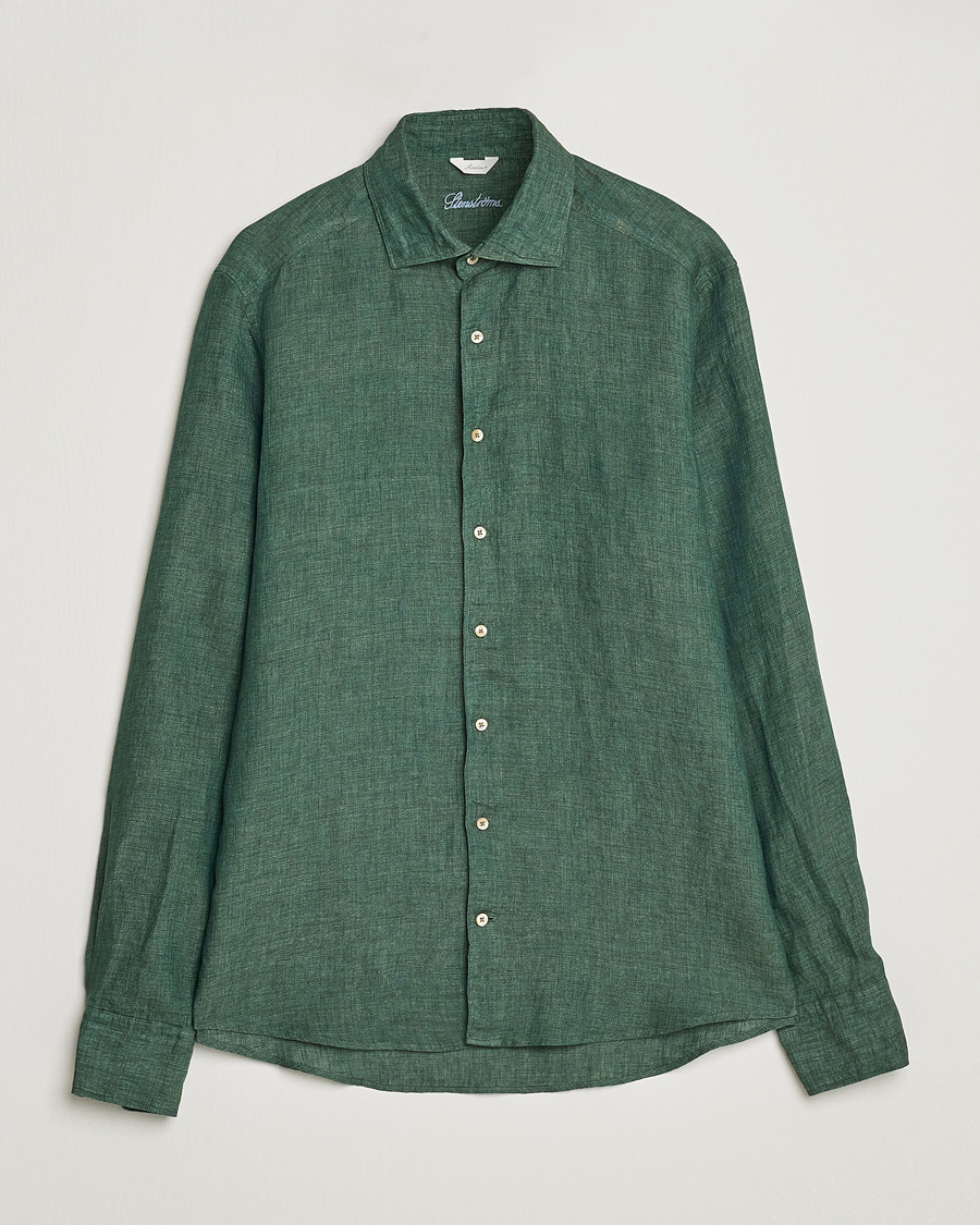 Hombres | Camisas | Stenströms | Slimline Cut Away Linen Shirt Dark Green