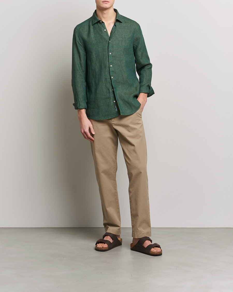Hombres | Camisas | Stenströms | Slimline Cut Away Linen Shirt Dark Green