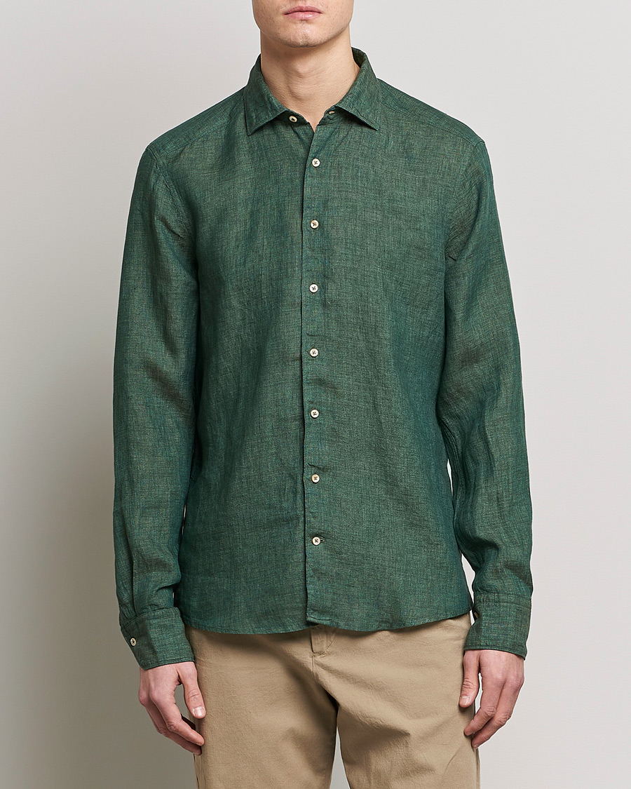 Hombres | Camisas de lino | Stenströms | Slimline Cut Away Linen Shirt Dark Green