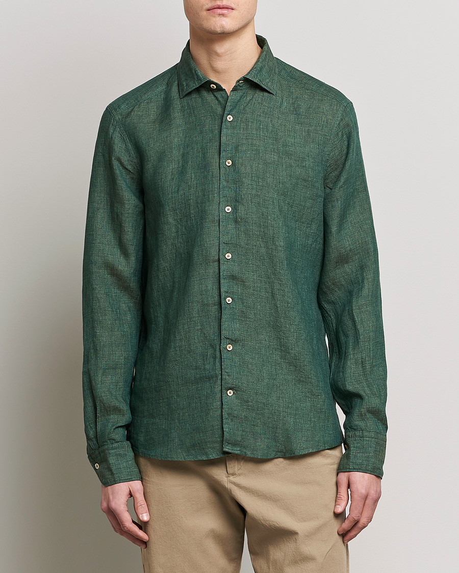 Hombres | Camisas | Stenströms | Slimline Cut Away Linen Shirt Dark Green