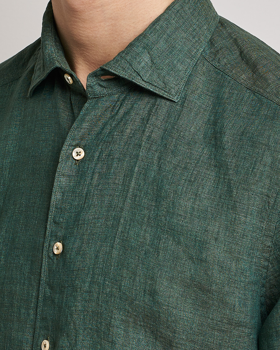 Hombres | Camisas | Stenströms | Slimline Cut Away Linen Shirt Dark Green
