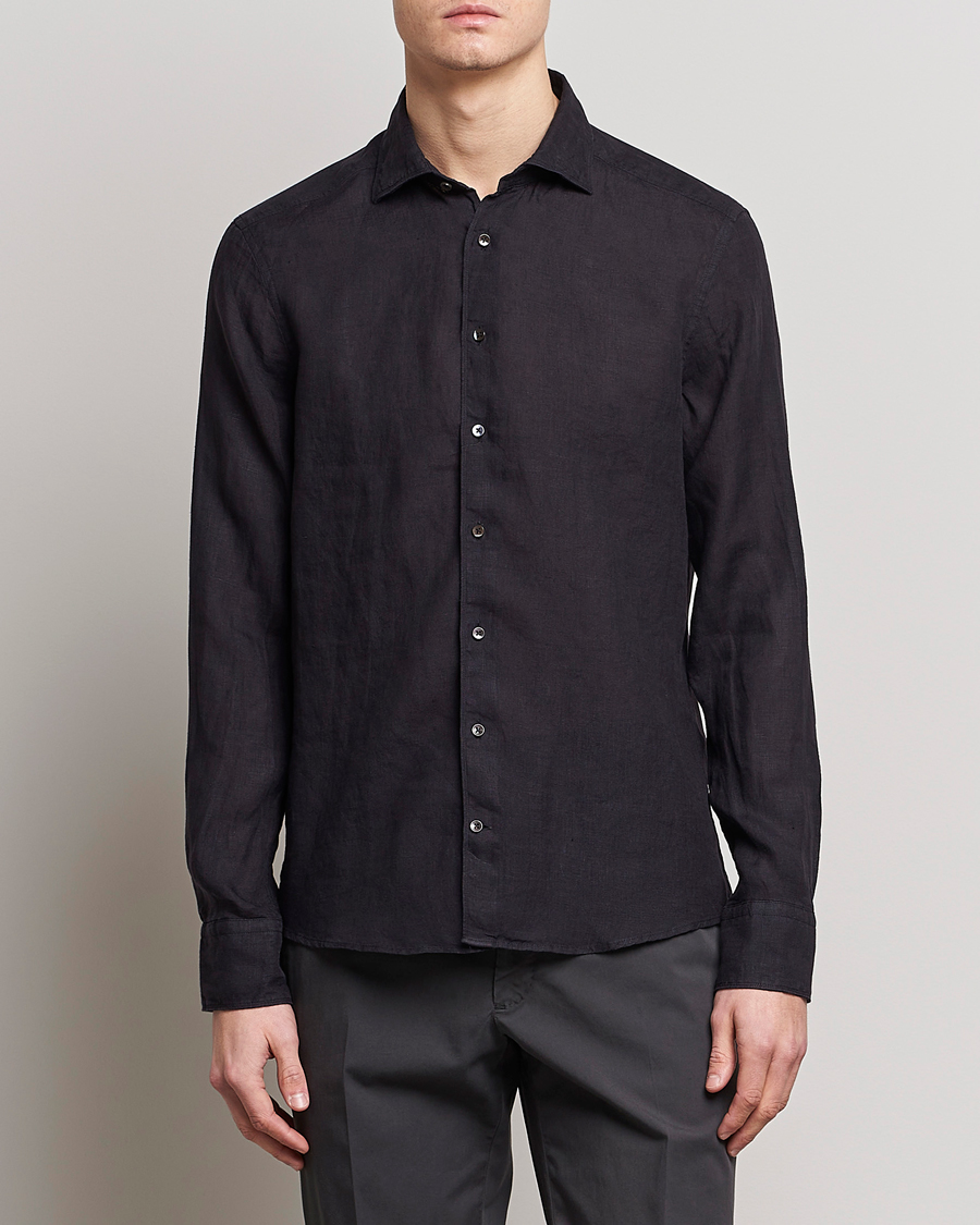 Hombres | Camisas de lino | Stenströms | Slimline Cut Away Linen Shirt Black