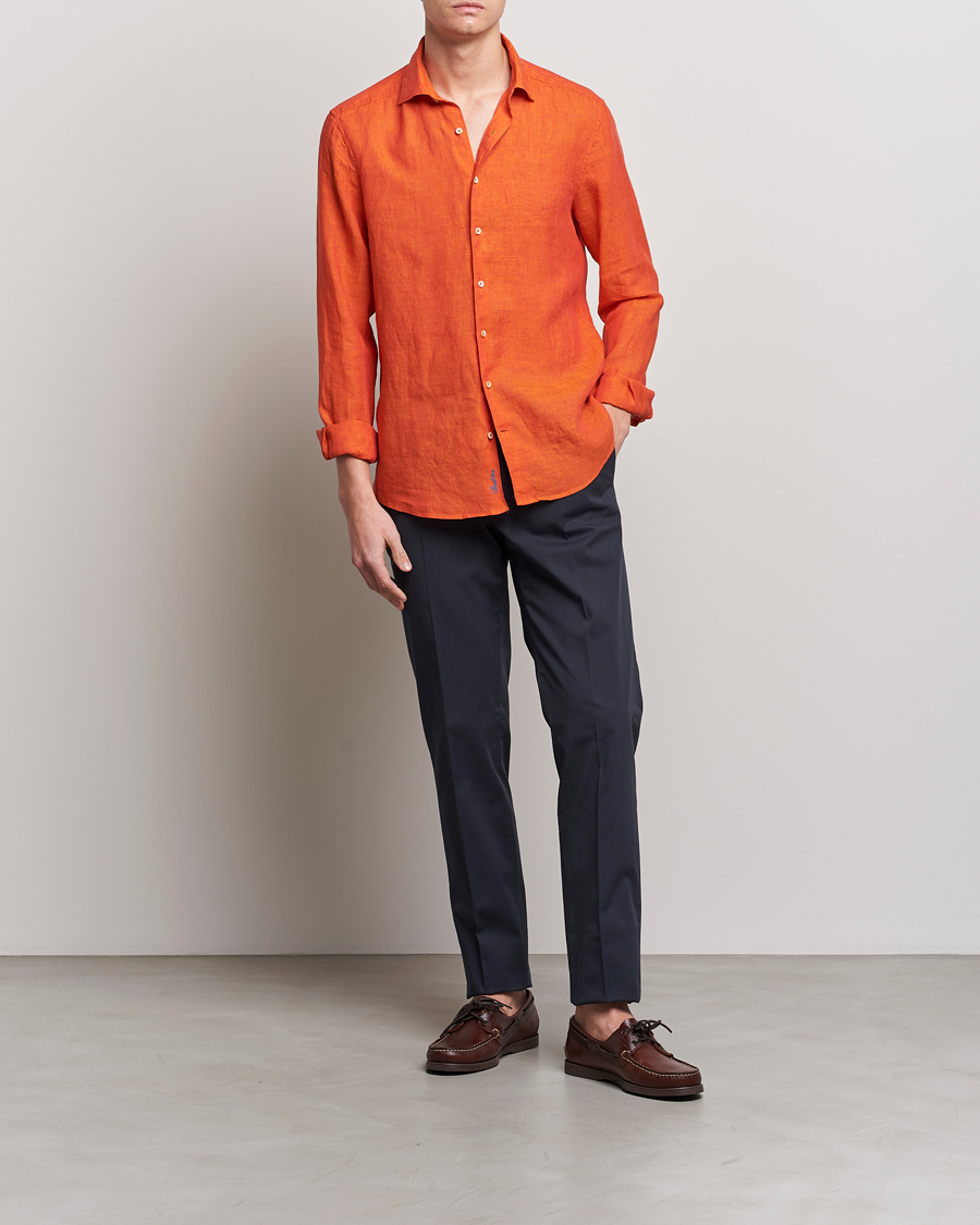 Hombres | Camisas | Stenströms | Slimline Cut Away Linen Shirt Orange