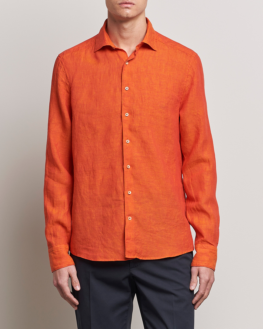 Hombres | Camisas | Stenströms | Slimline Cut Away Linen Shirt Orange
