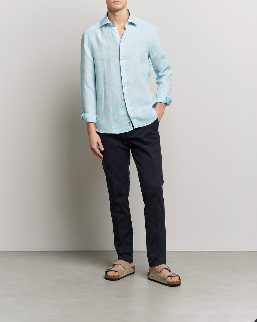 Hombres | Camisas | Stenströms | Slimline Cut Away Linen Shirt Turqoise