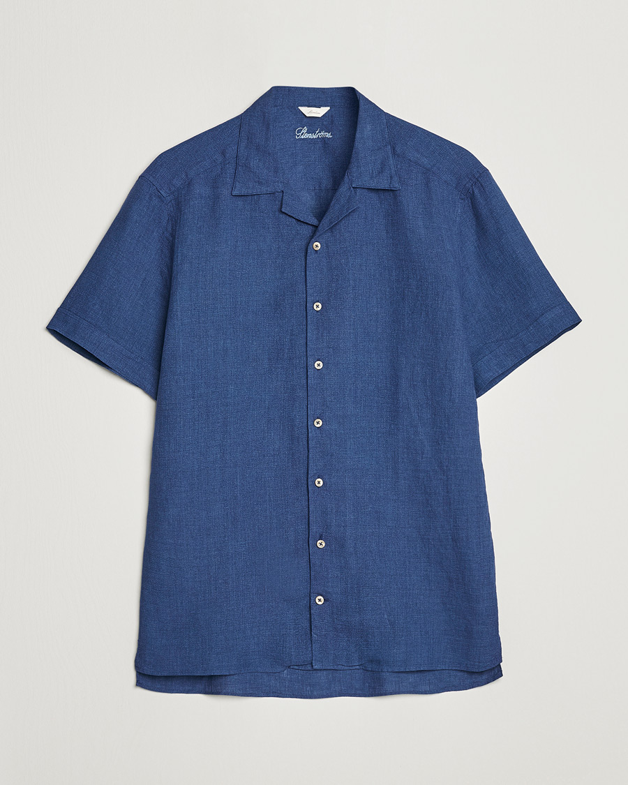 Hombres | Camisas | Stenströms | Slimline Short Sleeve Resort Linen Shirt Blue