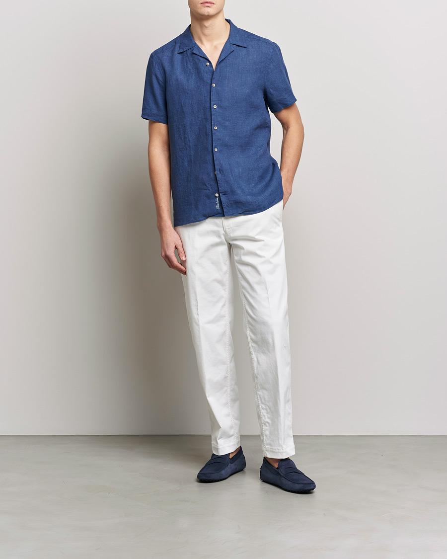 Hombres | Camisas | Stenströms | Slimline Short Sleeve Resort Linen Shirt Blue