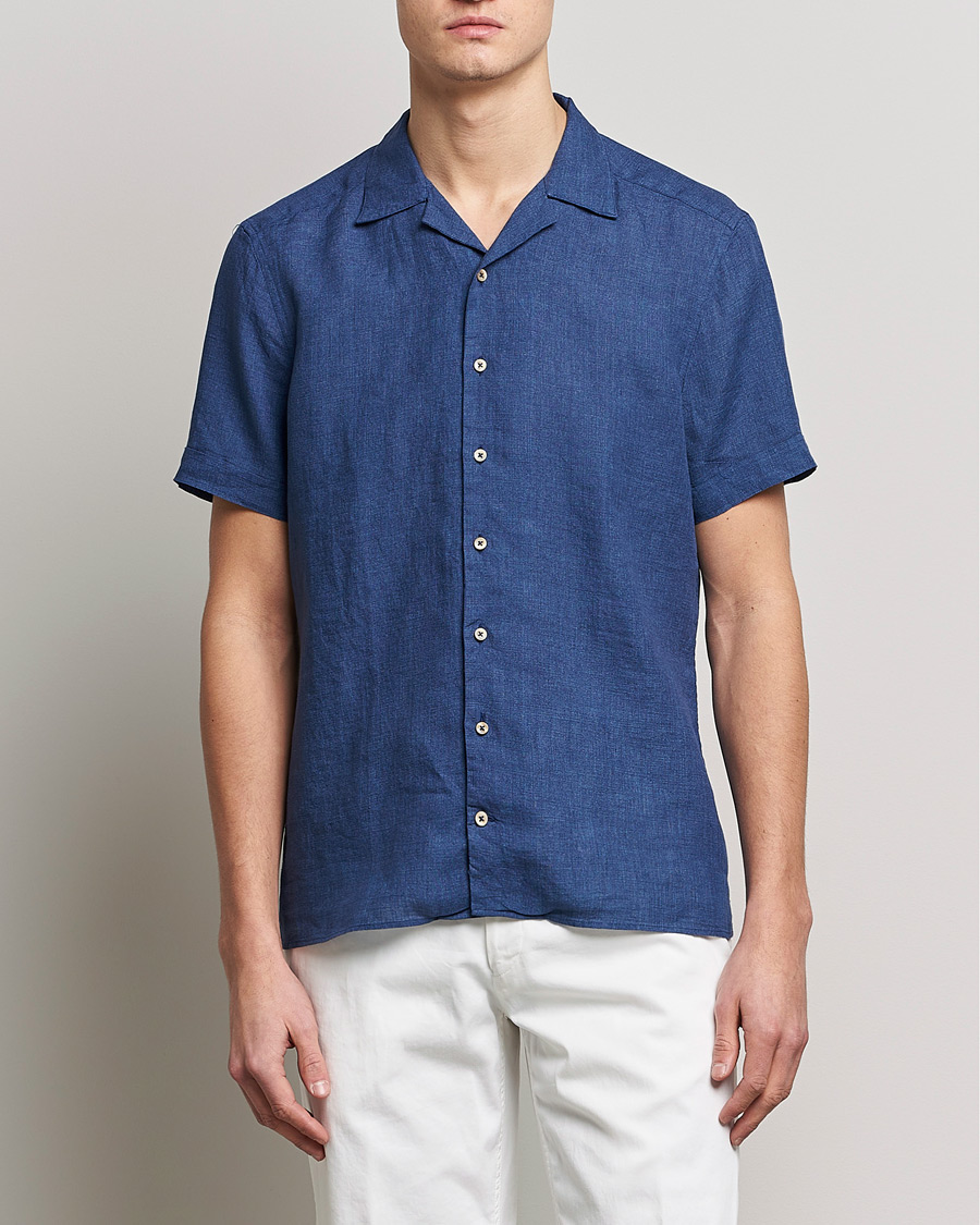 Hombres | Camisas | Stenströms | Slimline Short Sleeve Resort Linen Shirt Blue