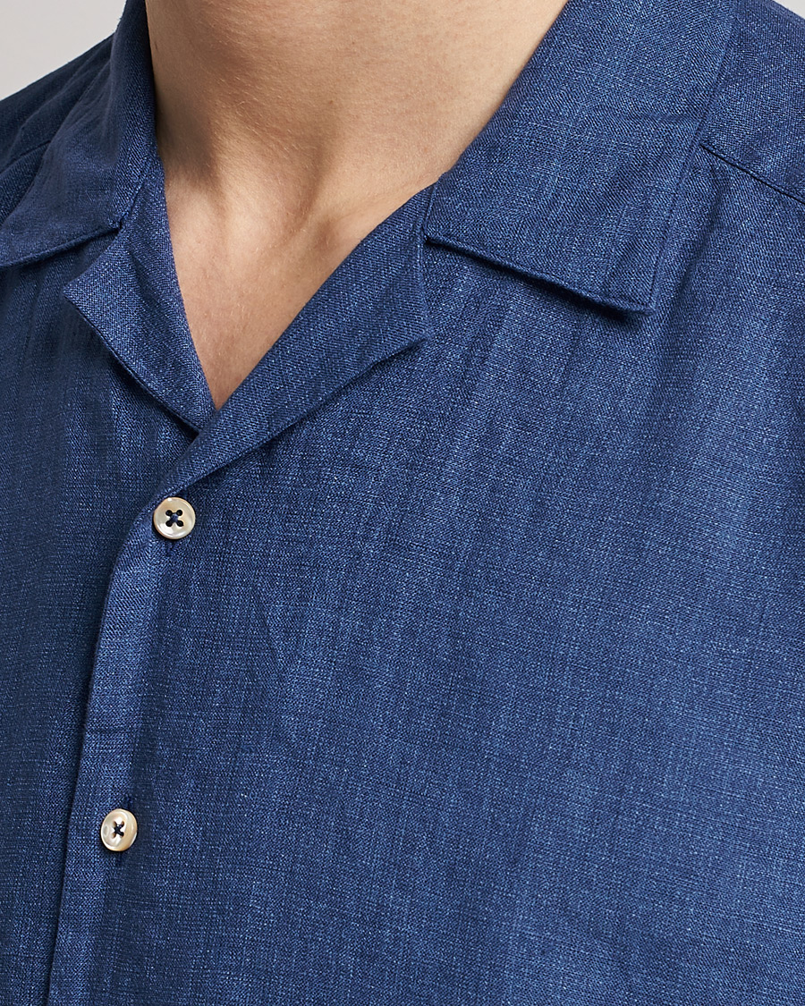 Hombres | Camisas | Stenströms | Slimline Short Sleeve Resort Linen Shirt Blue