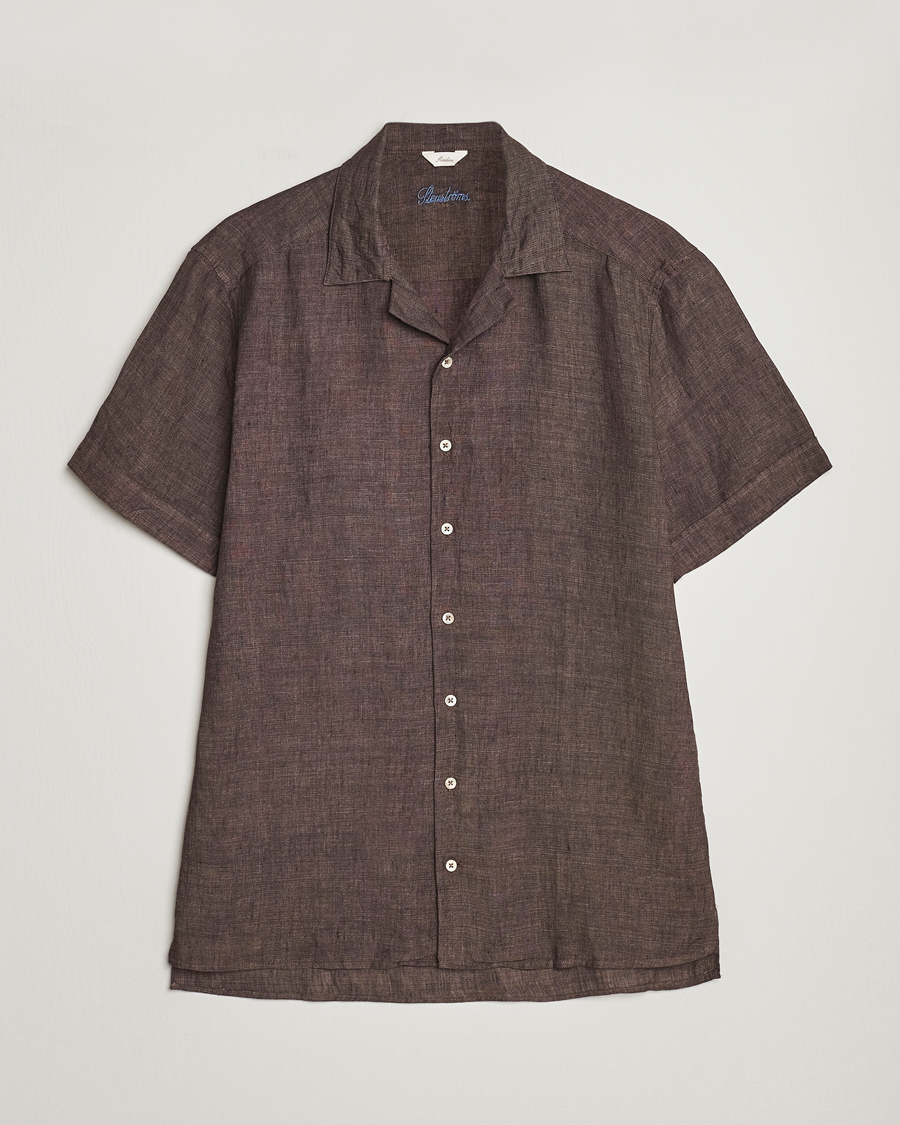 Hombres | Camisas | Stenströms | Slimline Short Sleeve Resort Linen Shirt Dark Brown