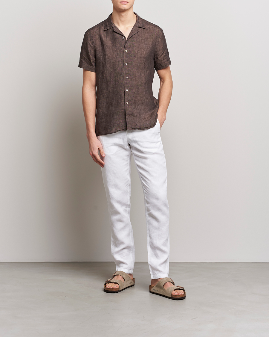 Hombres | Camisas | Stenströms | Slimline Short Sleeve Resort Linen Shirt Dark Brown