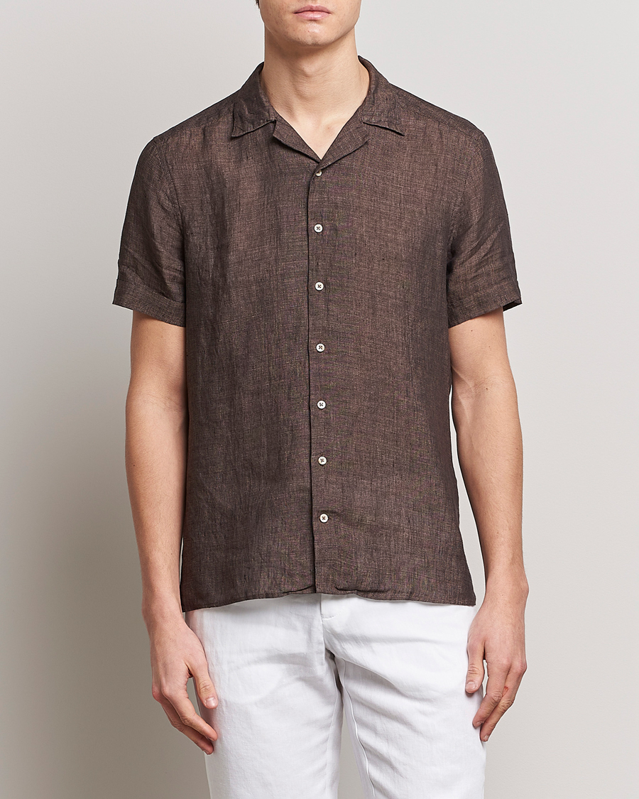 Hombres | Camisas | Stenströms | Slimline Short Sleeve Resort Linen Shirt Dark Brown