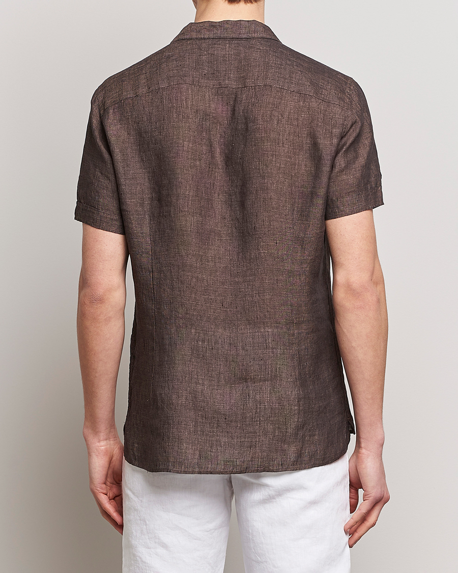 Hombres | Camisas | Stenströms | Slimline Short Sleeve Resort Linen Shirt Dark Brown